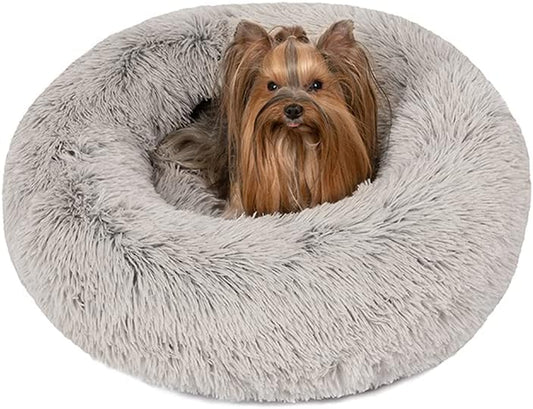 Donut Dog Bed Faux Fur Fluffy Calming Sofa for Small Dogs, Soft & Plush anti Anxiety Pet Couch for Dogs, Machine Washable Coco Pet Bed with Non-Slip Bottom, 23"X23"X6" Grey