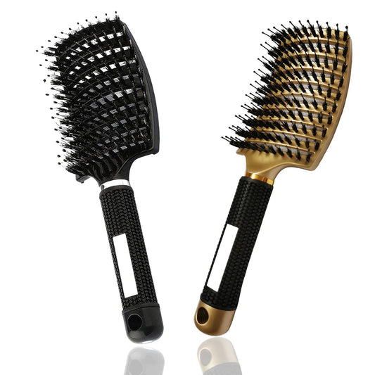 Boar Bristle Hair Brush 2 Pack, Detangling Brush, Vented Curved Hair Brush for Thick Curly Fine Wet Dry Long Hair,  Fast Dry No Tangle Hair Brush, Boar Bristle Brush for Women Men Kids (Gold)