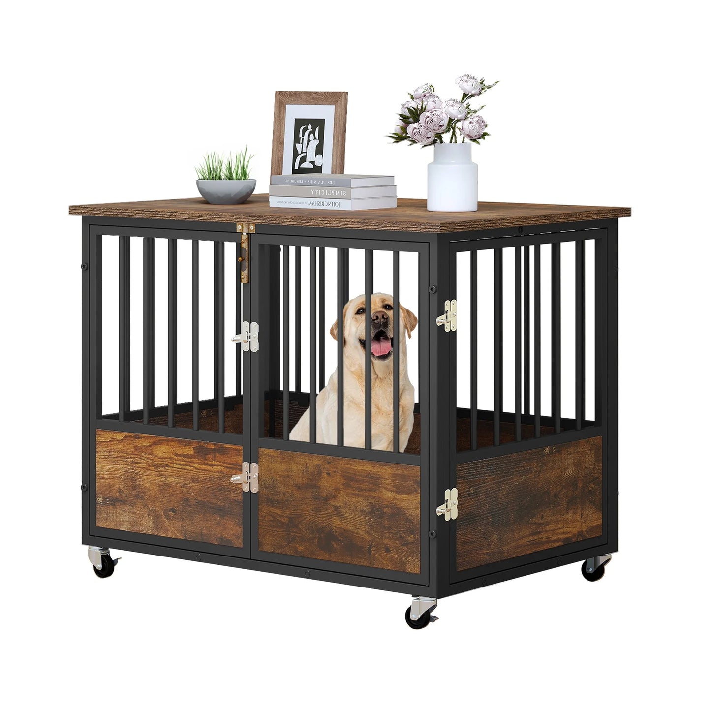 Large Dog Crate Furniture with Wheels, 38In Rustic Heavy Duty Metal Dog Crate and Kennel for Small Medium Dogs