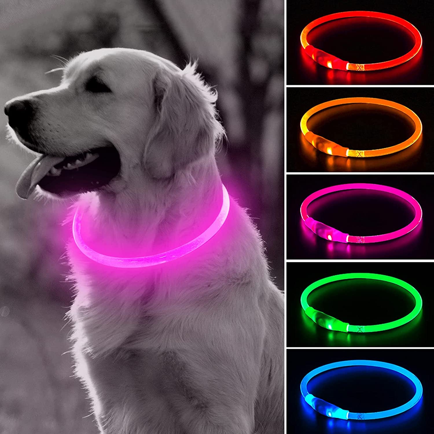 Light up Dog Collar -  Rechargeable LED Dog Collar, Glowing Puppy Collar, TPU Cuttable Dog Walking Lights for Small Medium Large Dogs (Pink)