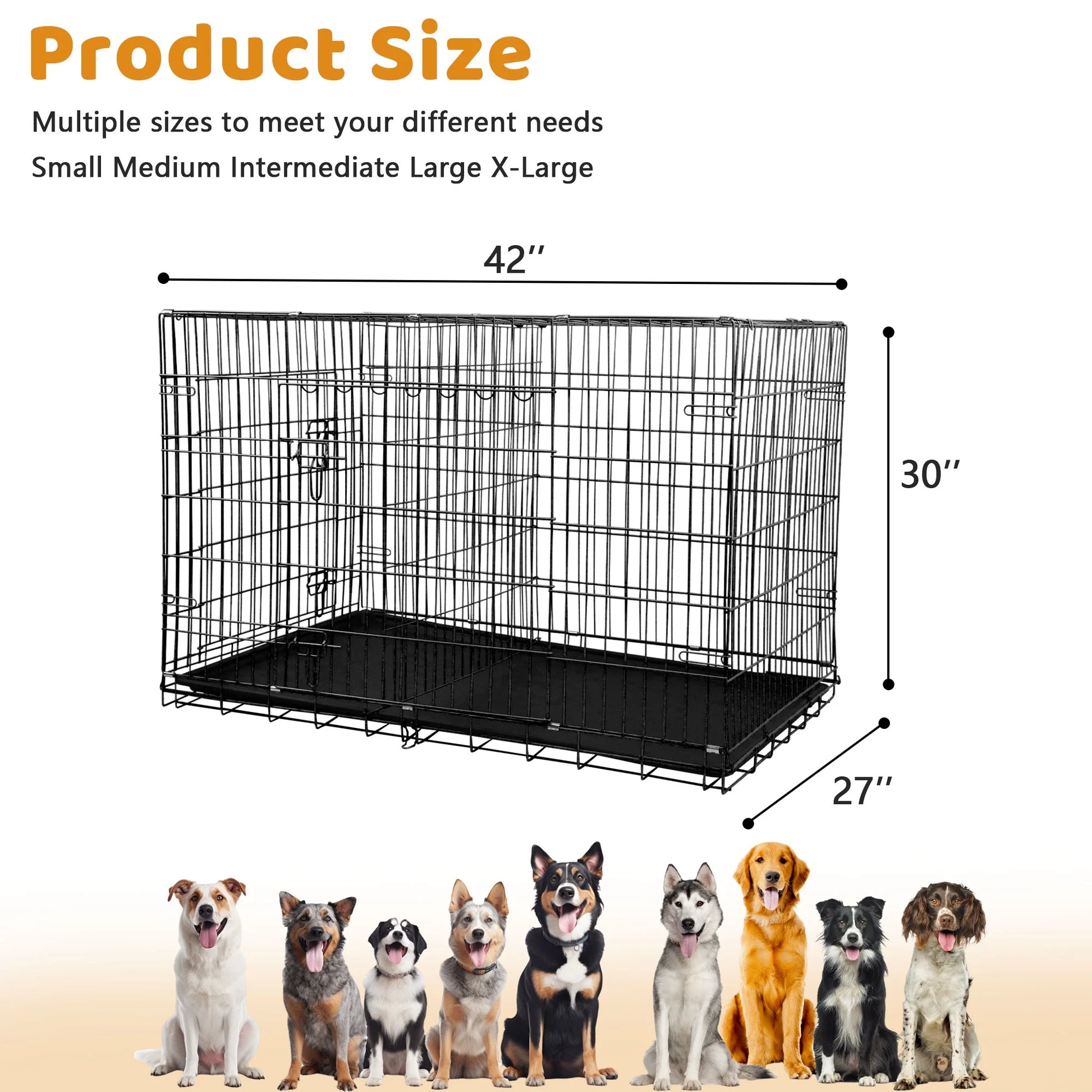 42 Inch Dog Crate, Dog Crates and Kennels Foldable Large Dog Crate for Large Dogs with Handle Double-Door Outdoor Metal Wire Dog Cage with Plastic Tray for Medium Dogs, Black