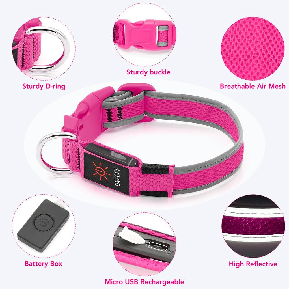 Reflective Light up Dog Collar - USB Rechargeable LED Dog Collar Glow in the Dark, High Visibility Mesh Glow Collar for Night Walking (Medium, Rose Red-Mesh)