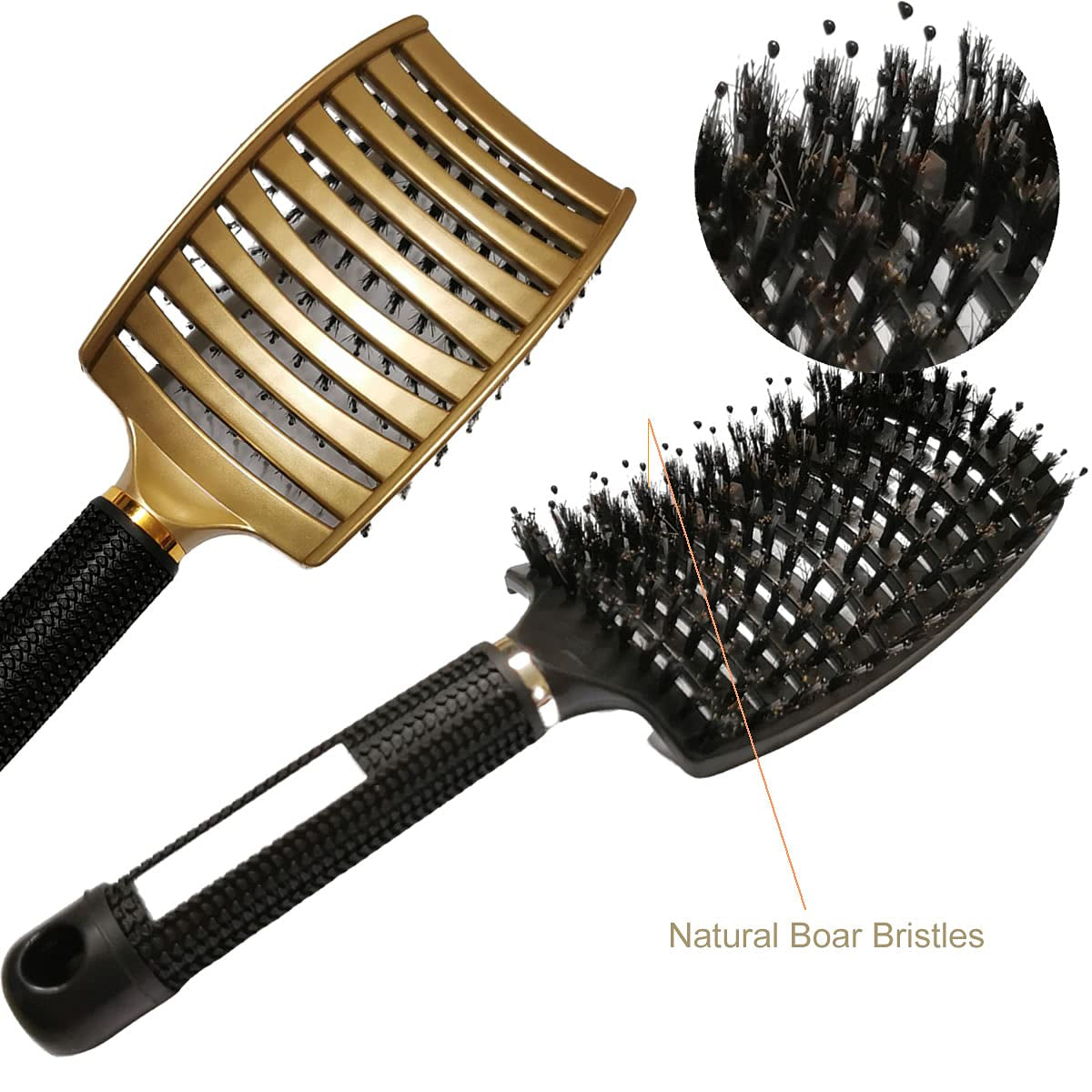 Boar Bristle Hair Brush 2 Pack, Detangling Brush, Vented Curved Hair Brush for Thick Curly Fine Wet Dry Long Hair,  Fast Dry No Tangle Hair Brush, Boar Bristle Brush for Women Men Kids (Gold)