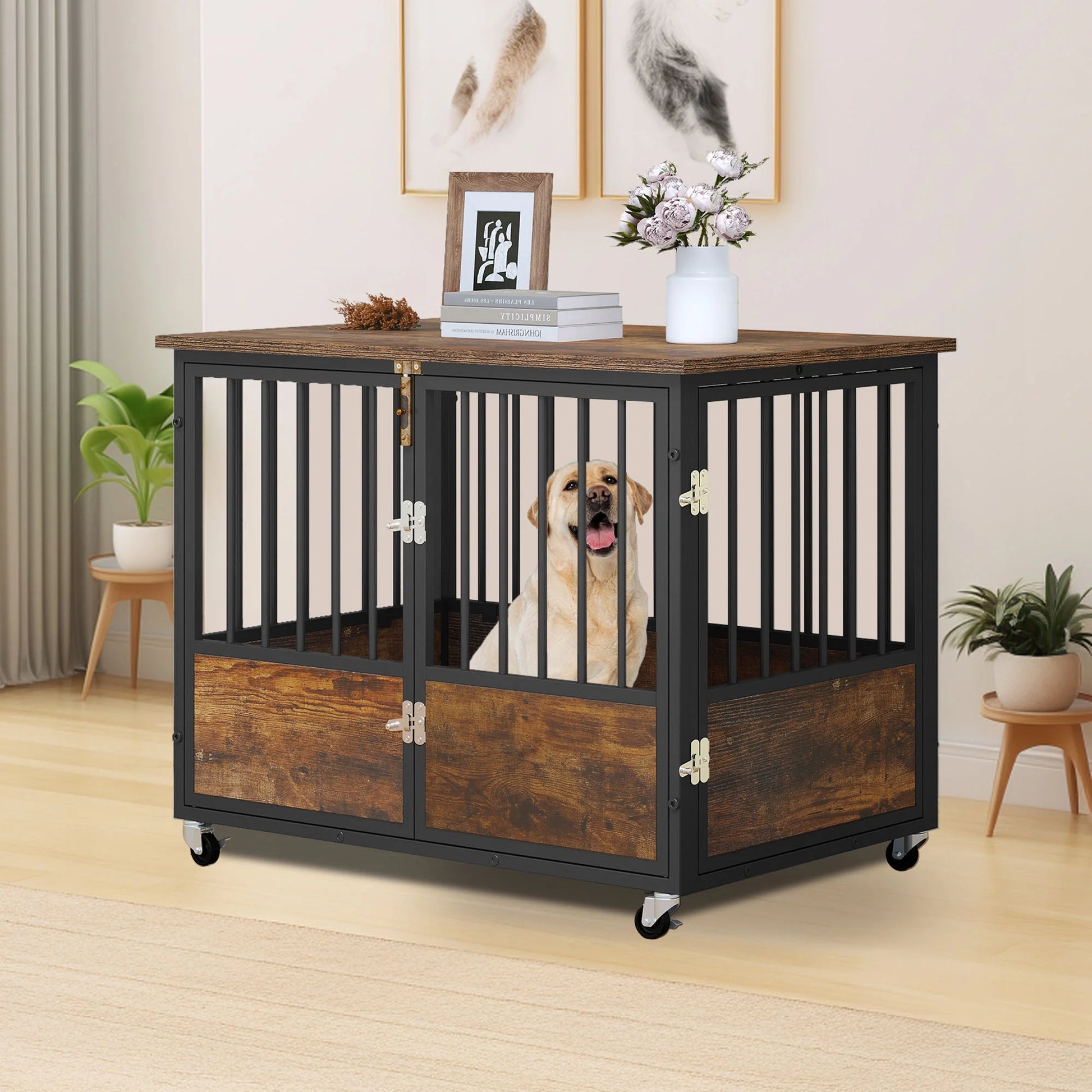 Large Dog Crate Furniture with Wheels, 38In Rustic Heavy Duty Metal Dog Crate and Kennel for Small Medium Dogs