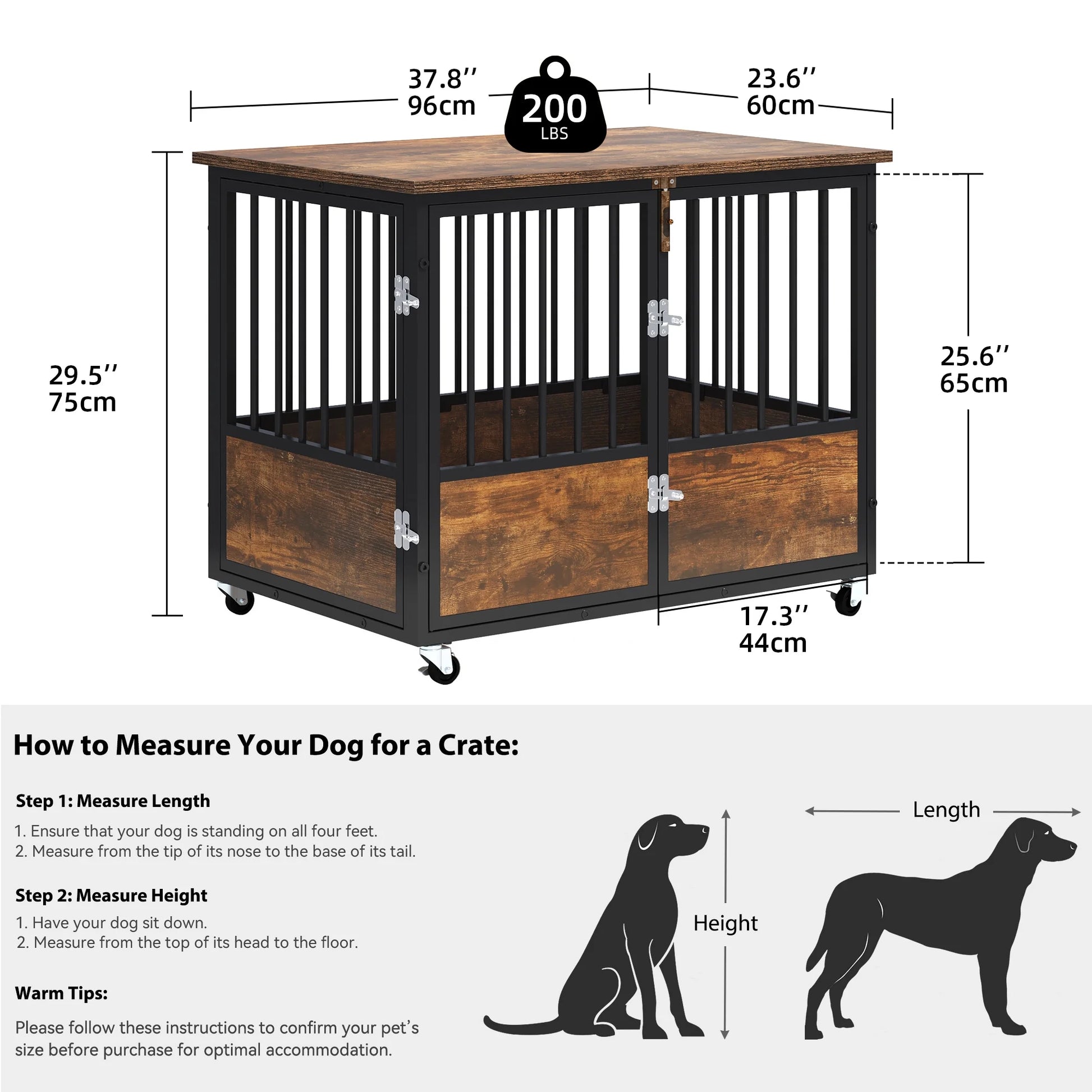 Large Dog Crate Furniture with Wheels, 38In Rustic Heavy Duty Metal Dog Crate and Kennel for Small Medium Dogs