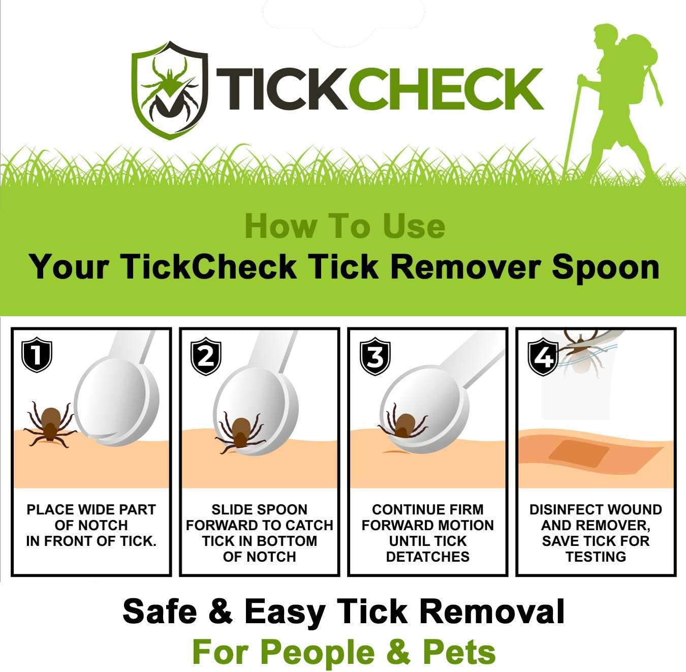 Tick Remover Spoon - 3 Pack of Lightweight Tick Remover Tools with Free Tick ID Card & Carabiner (1 Set, 3 Spoons)