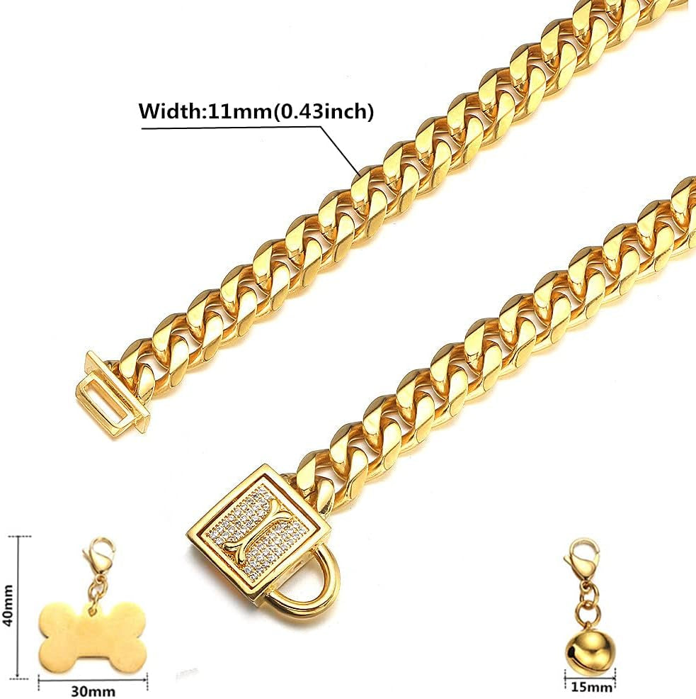 Gold Chain Dog Collar Walking Trainning Chain Collar with CZ Lock ID Tag and Bell Chew Proof 11MM/15MM/19MM Stainless Steel Cuban Link Chain for Small Medium Large Dogs(11Mm, 10Inch)