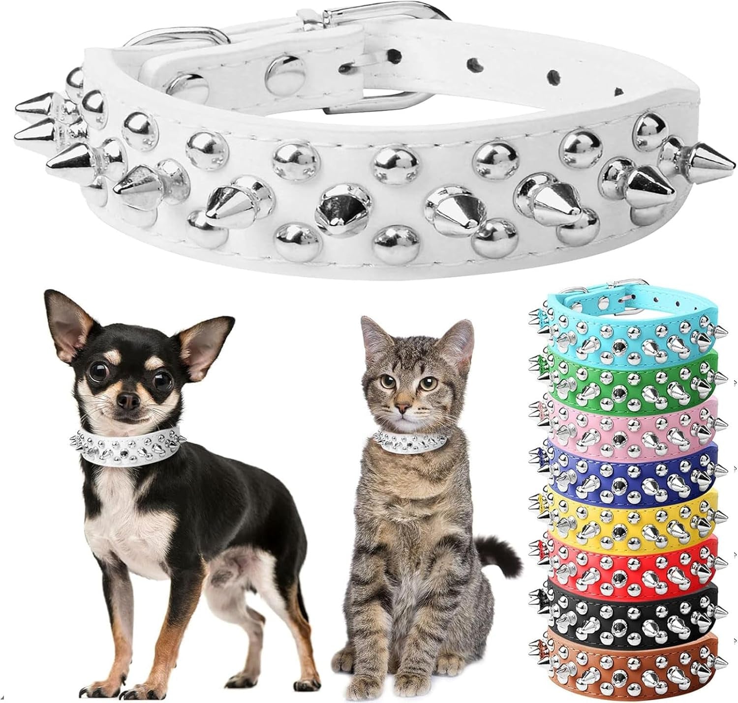 Spiked Dog Cat Collar Female Male White Soft Leather Spike Puppy Collars Adjustable Mushroom anti Bite Studded Small Dog Collars for Chihuahua Yorkshire Shihztu Poodle Pit Bull (White,Xs)