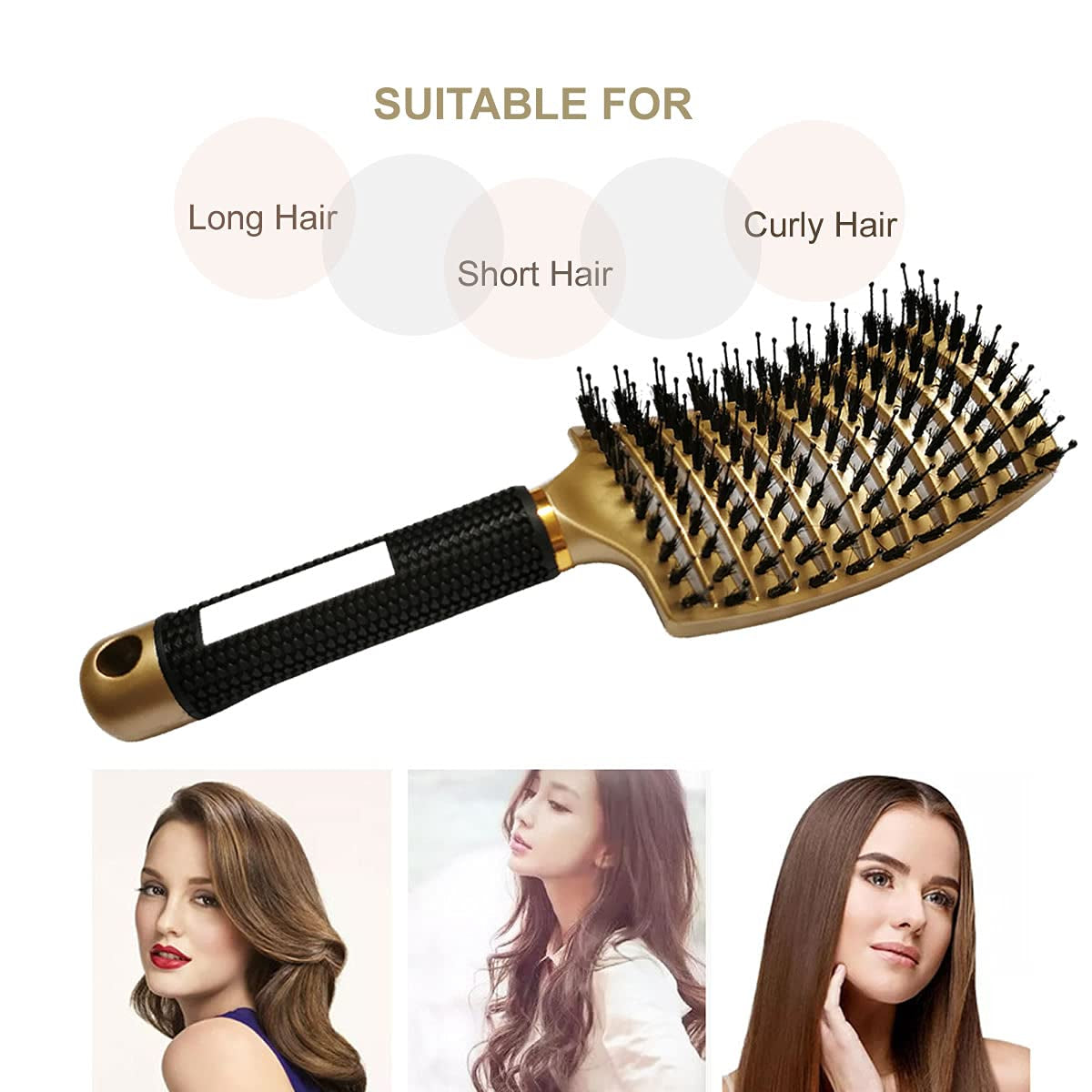 Boar Bristle Hair Brush 2 Pack, Detangling Brush, Vented Curved Hair Brush for Thick Curly Fine Wet Dry Long Hair,  Fast Dry No Tangle Hair Brush, Boar Bristle Brush for Women Men Kids (Gold)