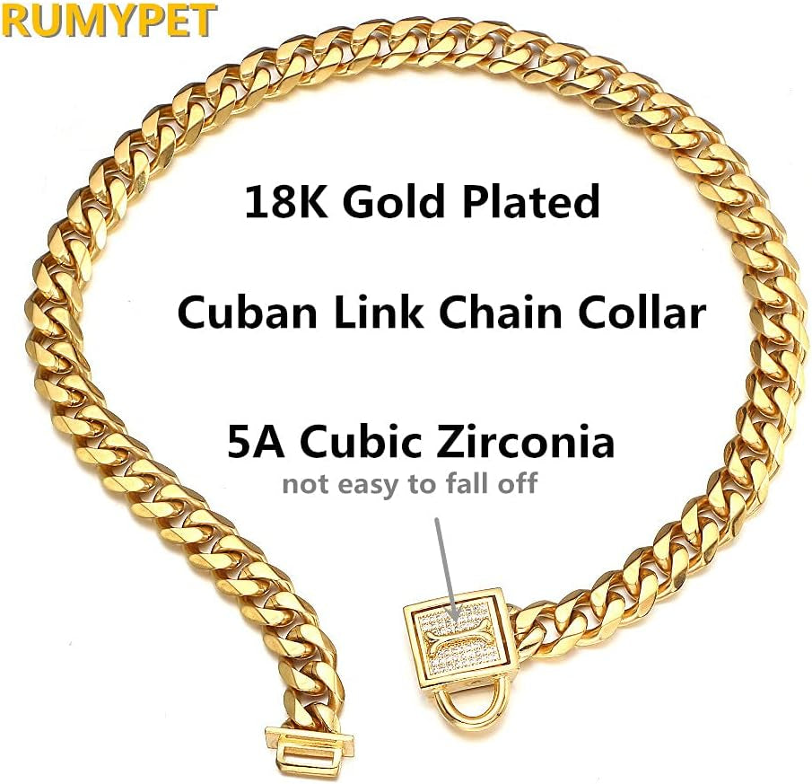 Gold Chain Dog Collar Walking Trainning Chain Collar with CZ Lock ID Tag and Bell Chew Proof 11MM/15MM/19MM Stainless Steel Cuban Link Chain for Small Medium Large Dogs(11Mm, 10Inch)