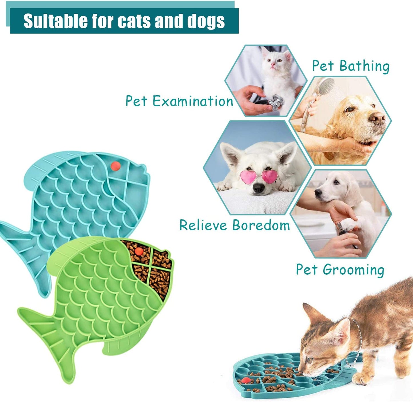 Cat Slow Feeder,2 Pack Fish-Shaped Cat Lick Treat Mat for Cats Dogs Anxiety Relief, Cat Puzzle Feeder Cat Bowl, Fun Alternative to Slow Feeder Cat Bowl (Blue and Green).