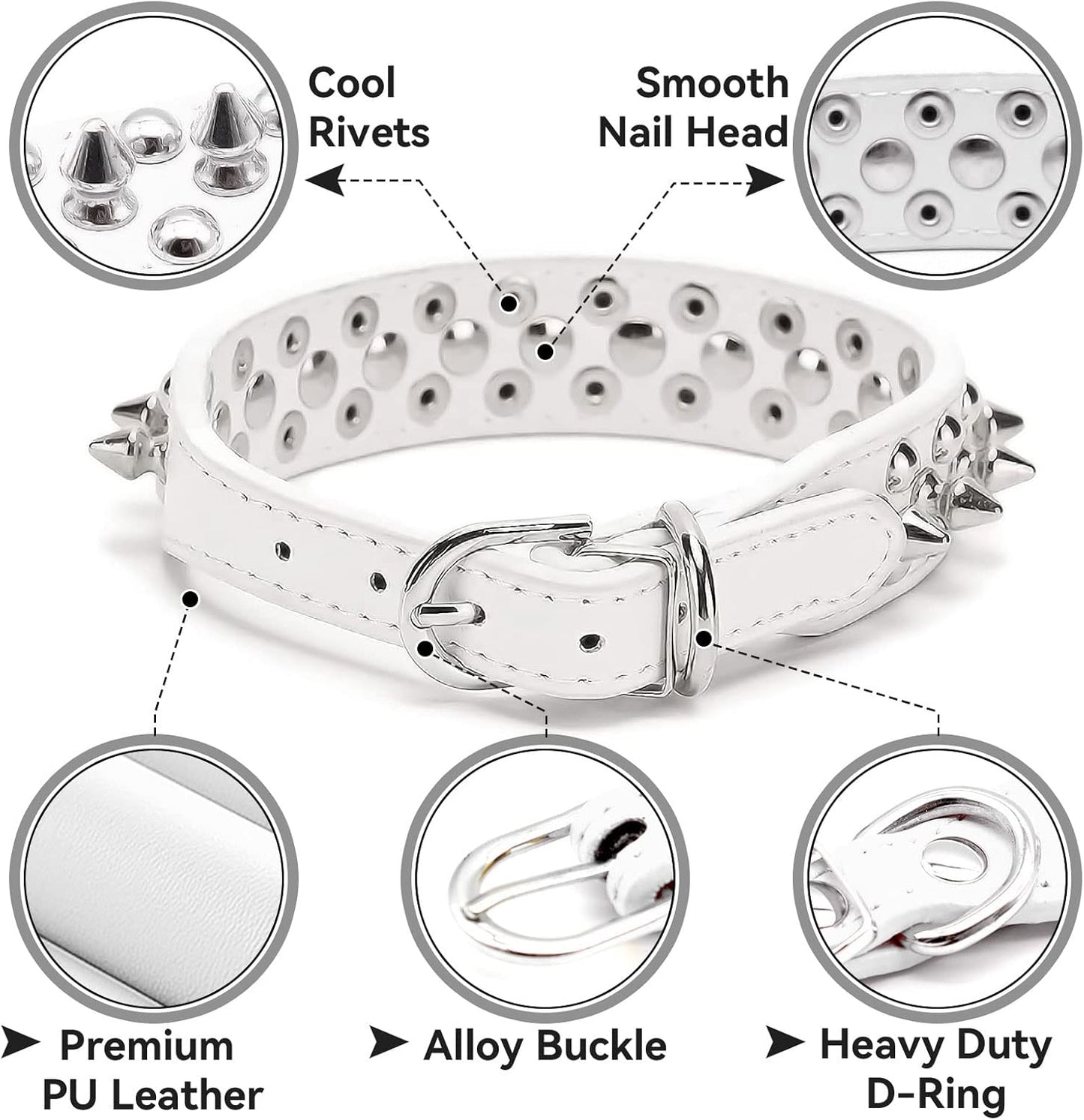 Spiked Dog Cat Collar Female Male White Soft Leather Spike Puppy Collars Adjustable Mushroom anti Bite Studded Small Dog Collars for Chihuahua Yorkshire Shihztu Poodle Pit Bull (White,Xs)