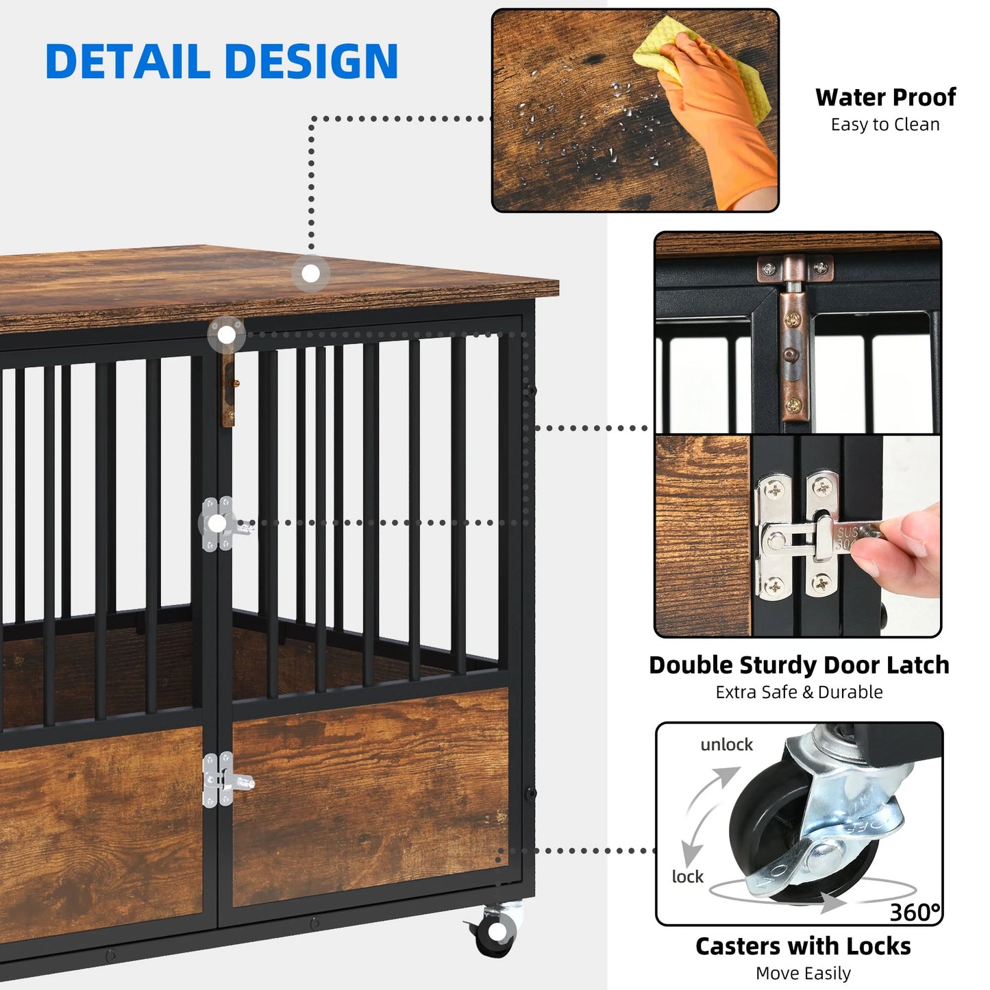 Large Dog Crate Furniture with Wheels, 38In Rustic Heavy Duty Metal Dog Crate and Kennel for Small Medium Dogs