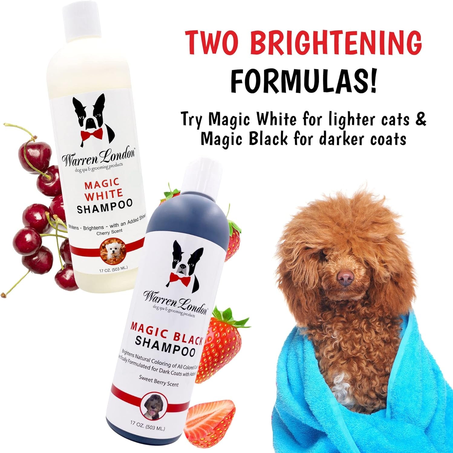 Magic White Dog Shampoo | Whitening Shampoo for White Dogs & Lighter Dog Coats | Puppy and Cat Safe Grooming Supplies | Cherry Scent | Made in USA | 17Oz