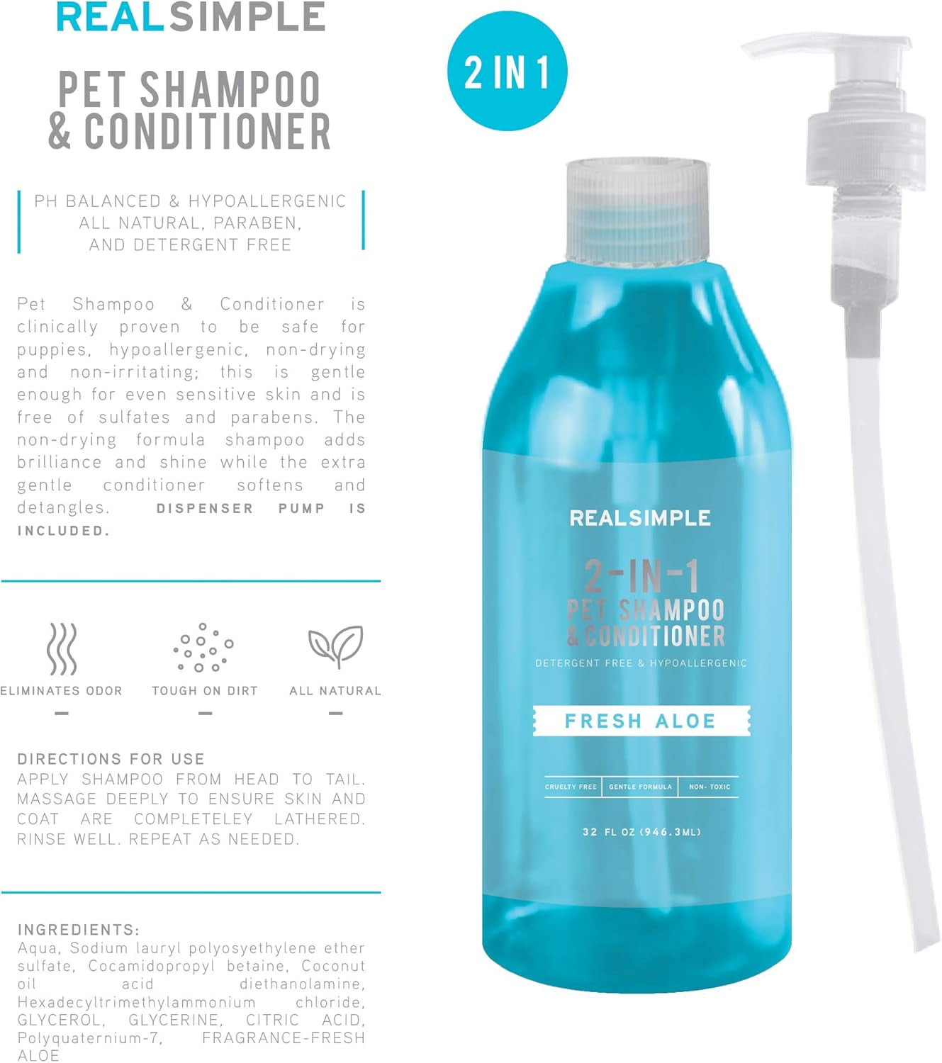 2-In-1 All Natural Dog Shampoo and Conditioner – Paraben-Free and Organic Hypoallergenic Dog Shampoo for Smelly Dogs – No Detergent Pet Shampoo for Dogs & Cats – 32Oz Dog Wash – Fresh Aloe