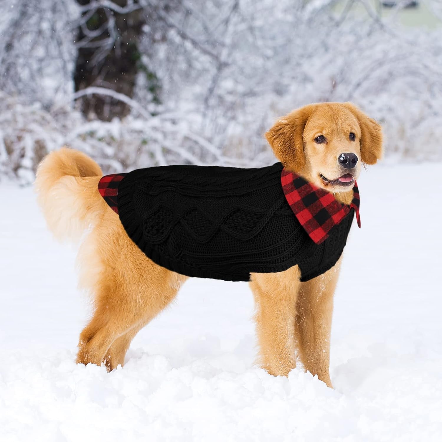 Pack of 2 Turtleneck Knitted Dog Sweater Soft and Warm Pet Winter Clothes Classic Cable Knit Plaid Patchwork Pet Sweater for Large Dogs (Red, Black, L)