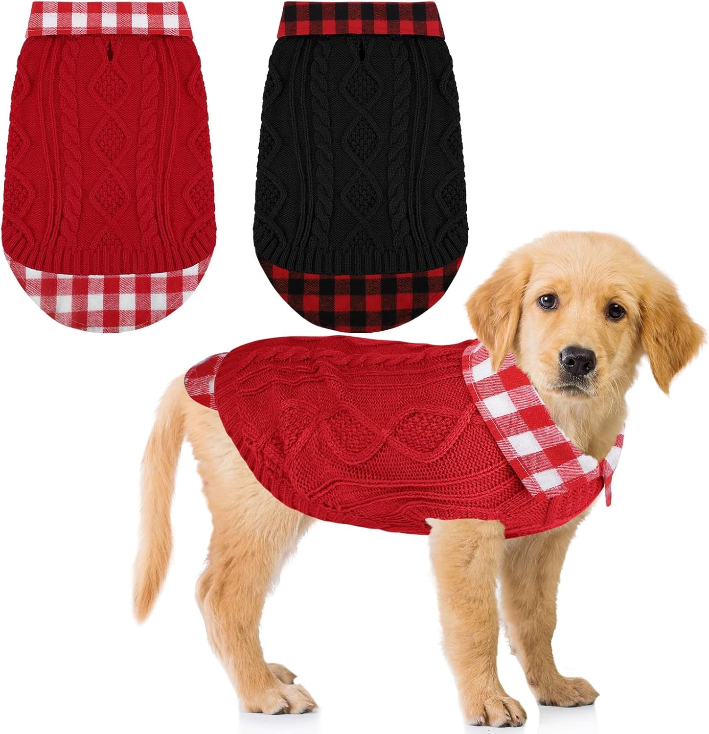 Pack of 2 Turtleneck Knitted Dog Sweater Soft and Warm Pet Winter Clothes Classic Cable Knit Plaid Patchwork Pet Sweater for Large Dogs (Red, Black, L)