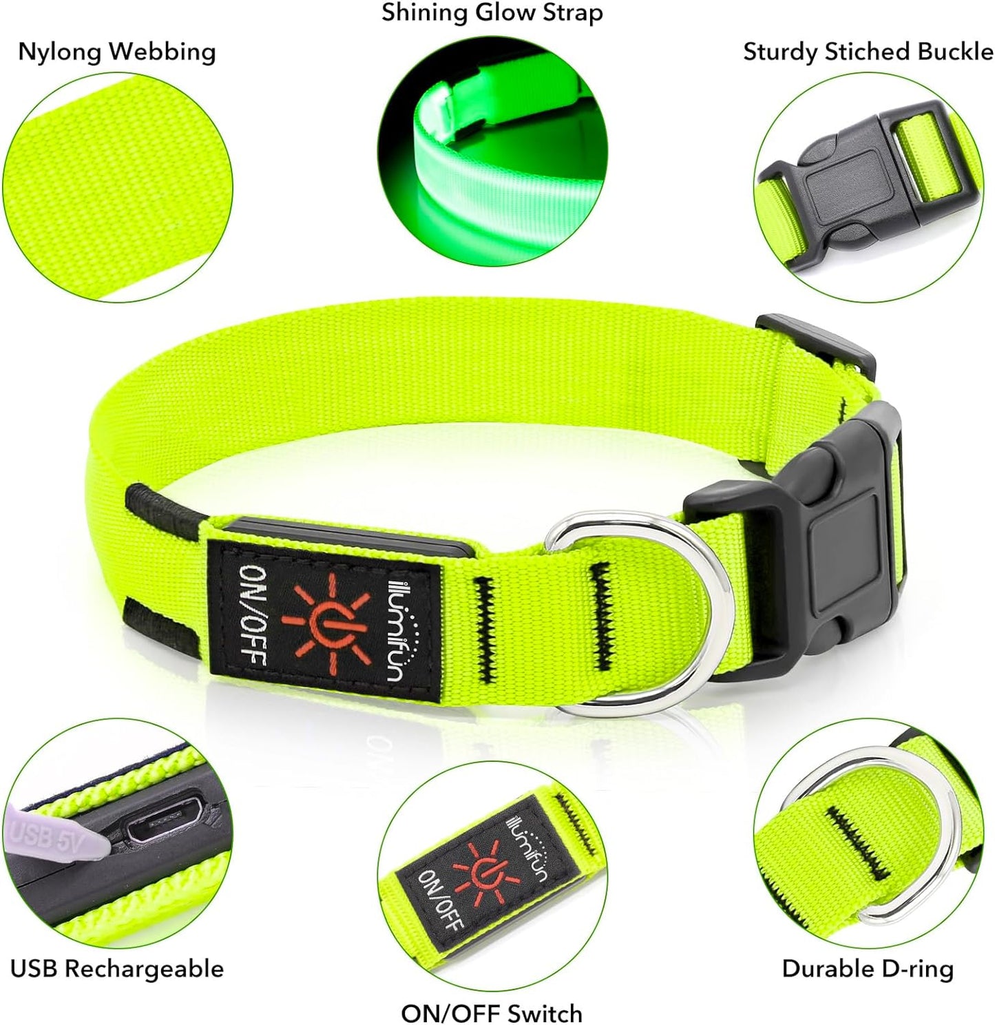 LED Dog Collar, USB Rechargeable Light up Dog Collar Glow in the Dark, Adjustable Dog Safety Collar Light for Dogs Walking Camping (Green, Large)