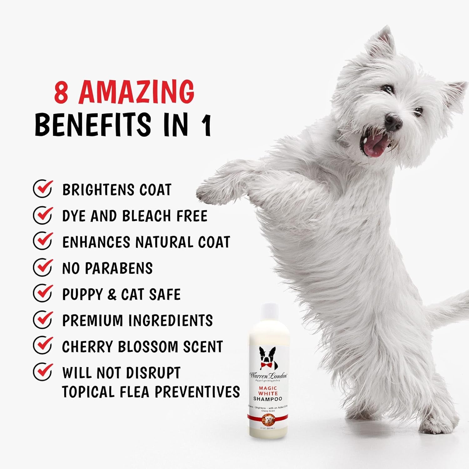 Magic White Dog Shampoo | Whitening Shampoo for White Dogs & Lighter Dog Coats | Puppy and Cat Safe Grooming Supplies | Cherry Scent | Made in USA | 17Oz