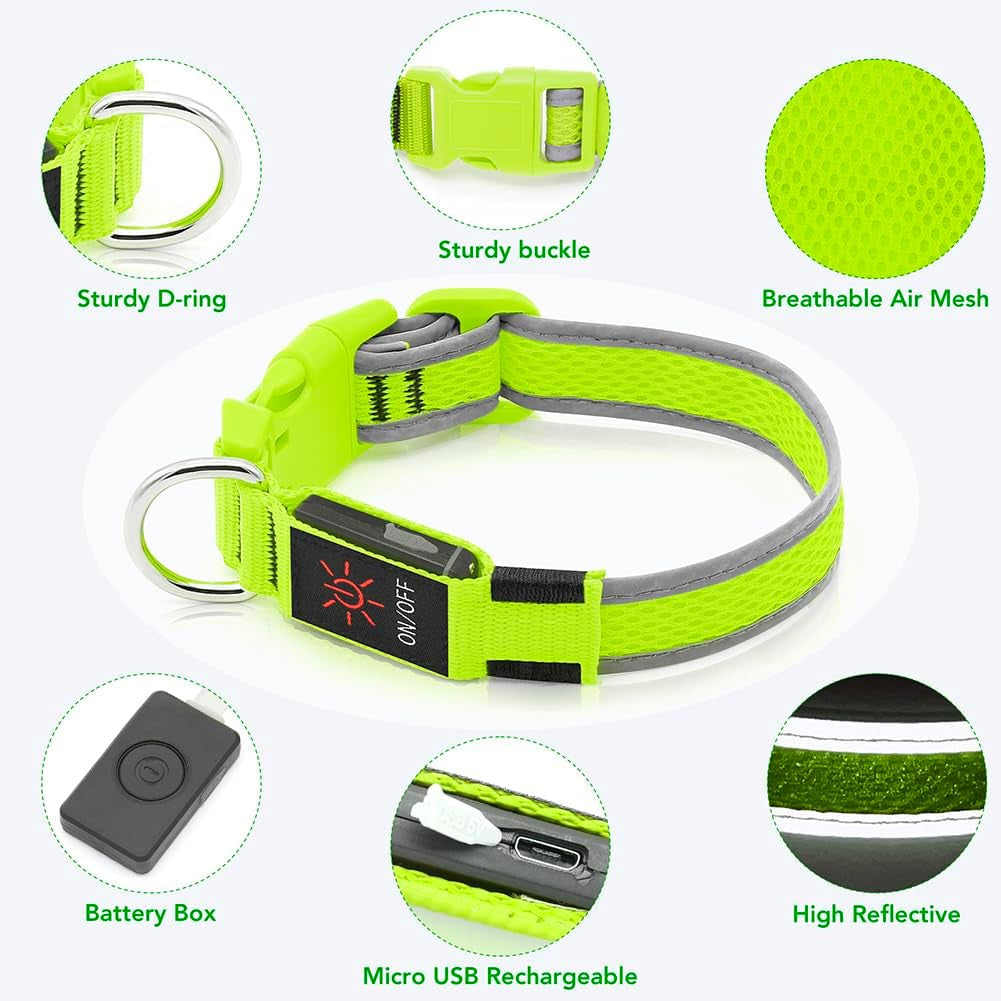 Light up Dog Collar - USB Rechargeable LED Dog Collar Glow in the Dark - High Visibility Glow Collar for Night Walking (Small, Green-Mesh)