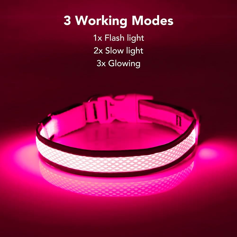 Reflective Light up Dog Collar - USB Rechargeable LED Dog Collar Glow in the Dark, High Visibility Mesh Glow Collar for Night Walking (Medium, Rose Red-Mesh)