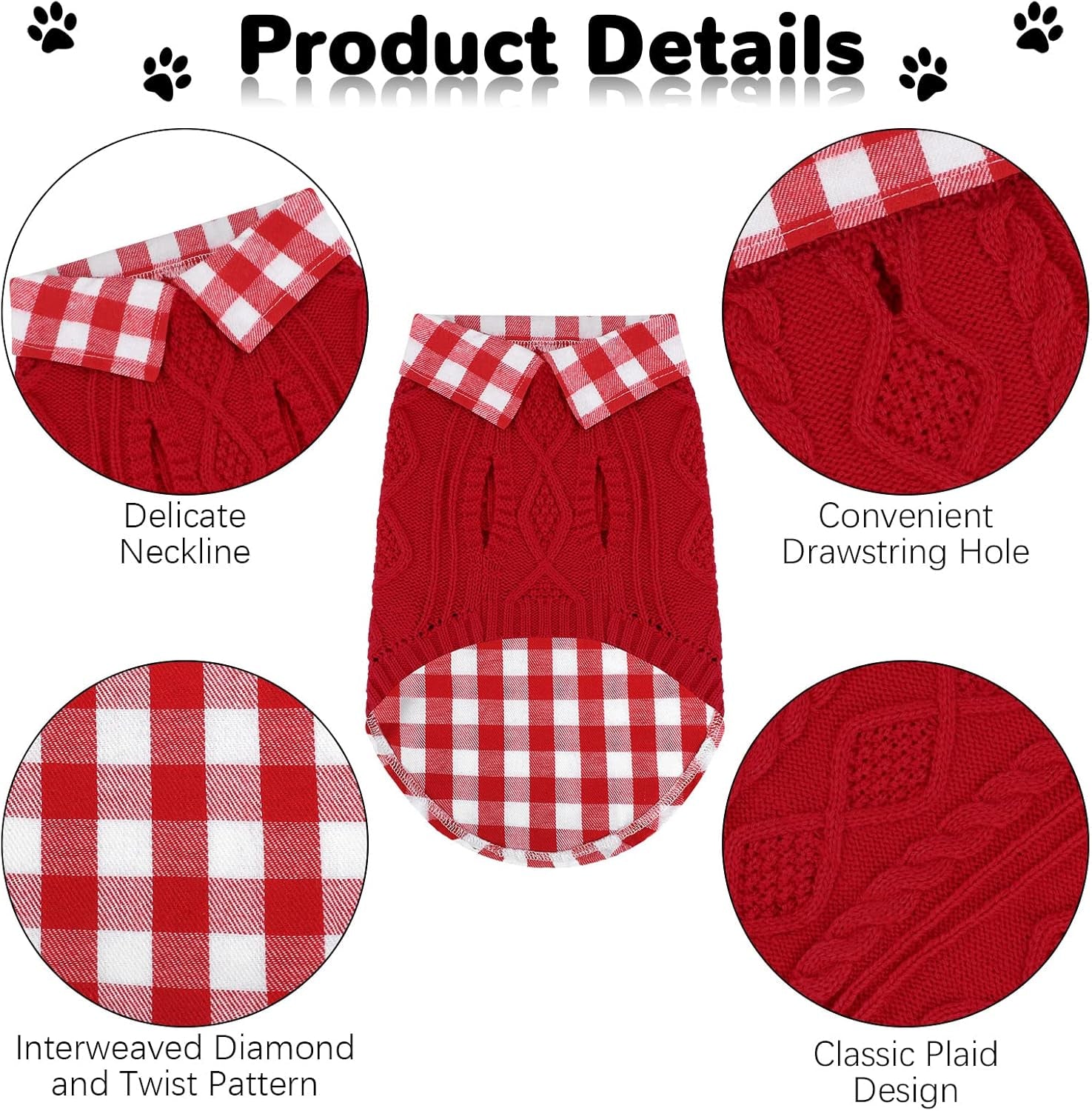 Pack of 2 Turtleneck Knitted Dog Sweater Soft and Warm Pet Winter Clothes Classic Cable Knit Plaid Patchwork Pet Sweater for Large Dogs (Red, Black, L)